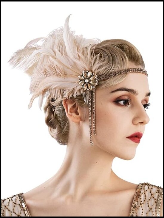 Vintage 1920s Flapper Headband Rhinestone Pearl Feather Hair Accessory Gatsby main image 5